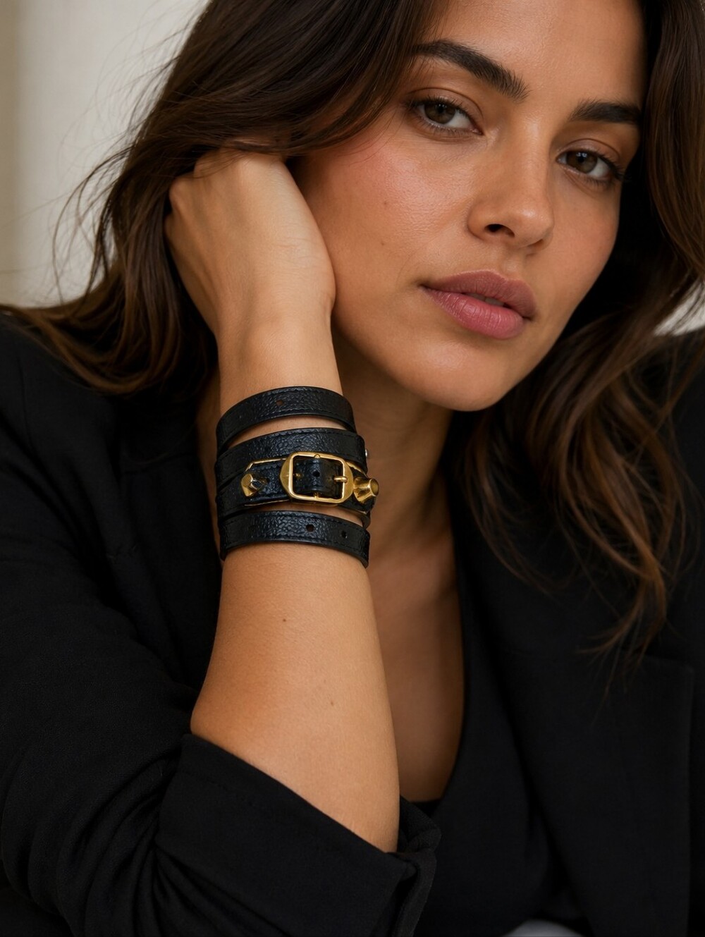 Balenciaga Black Leather Wrap Bracelet with Gold Tone Hardware